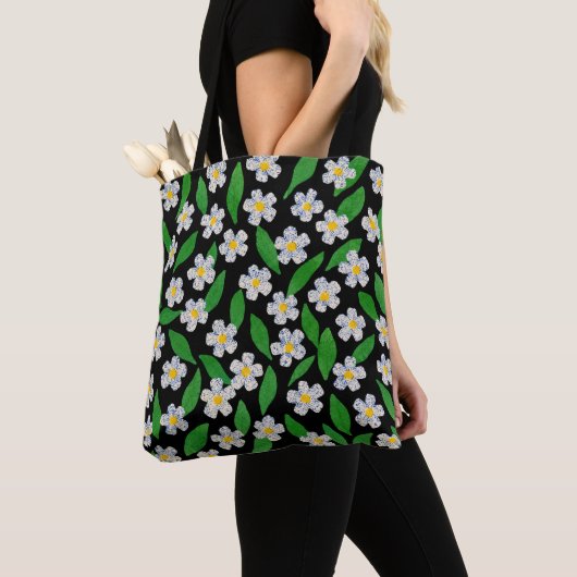Tote Bag Fleurs sauvages bleues blanches vertes (De près)