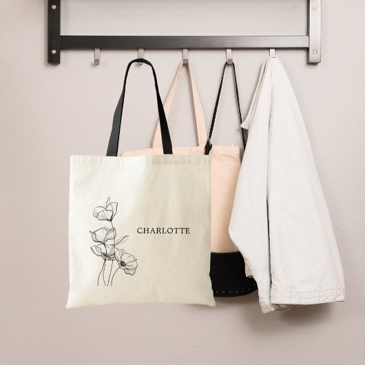 Tote Bag Fleurs sauvages dessin au trait nom simple
