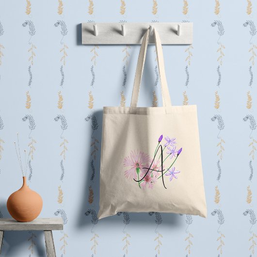 Tote Bag Fleurs sauvages doux rose et lilas avec votre init