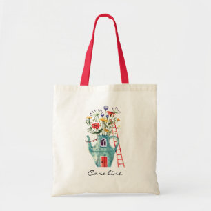 Tote Bag Fleurs sauvages Porte rouge Théière sarcelle Cotta