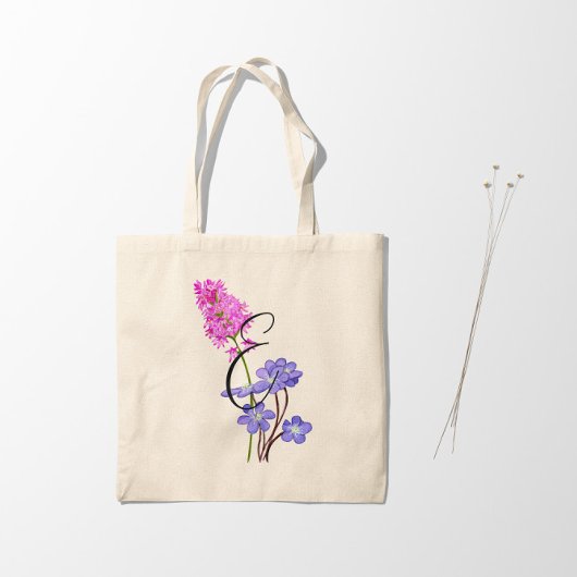 Tote Bag Fleurs sauvages roses et lilas avec 1 côté initial