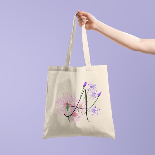 Tote Bag Fleurs sauvages roses tendres avec votre initiale 