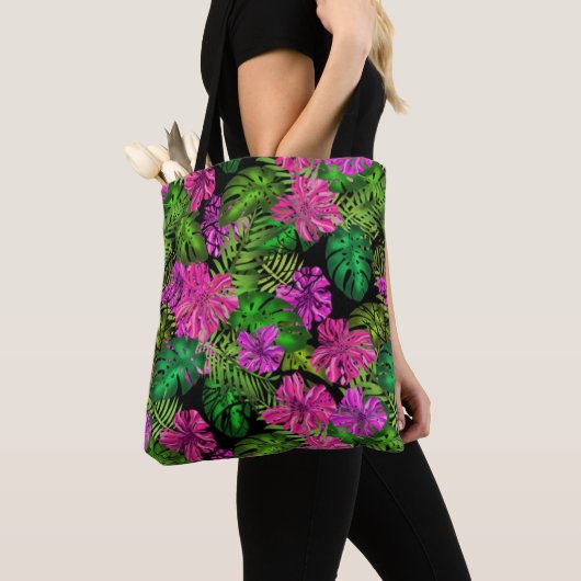 Tote Bag Fleurs tropicales et plantes en noir (De près)
