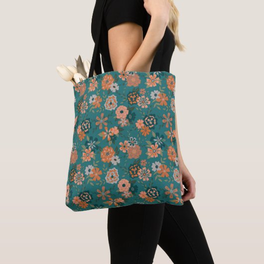 Tote Bag Fleurs Turquoise Orange Botanique Motif Shopping (De près)