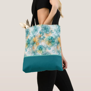 Tote Bag Fleurs turquoises et jaunes Bloc de couleur d'encr