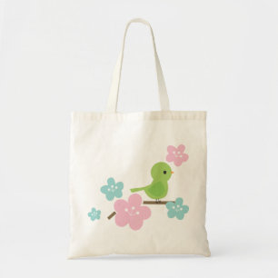 Tote Bag Fleurs vertes d'oiseau et de cerise