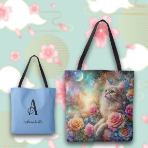 Tote Bag Fleurs vintages d'aquarelle et monogramme de chat