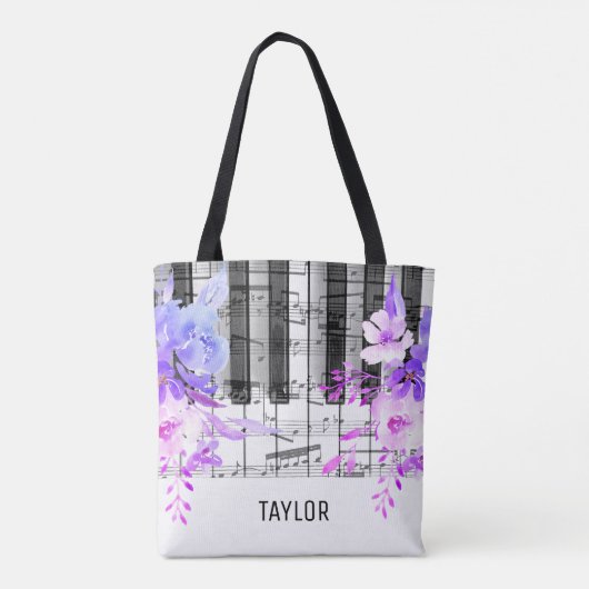 Tote Bag fleurs violettes bleues notes musicales piano (Dos)