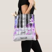 Tote Bag fleurs violettes bleues notes musicales piano (De près)