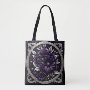 Tote Bag Fleurs violettes et argentées dans cadre gothique