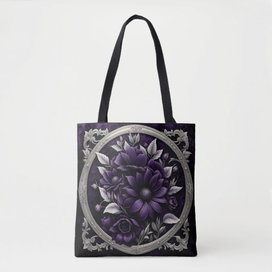 Tote Bag Fleurs violettes et argentées dans cadre gothique (Devant)