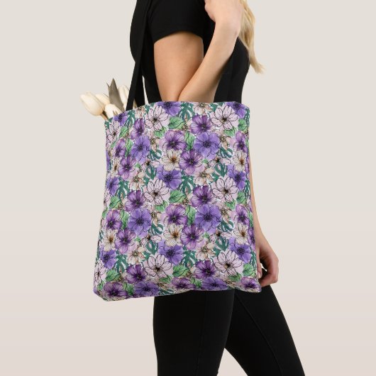 Tote Bag Fleurs violettes et roses (De près)