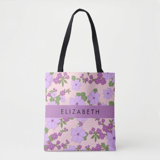 Tote Bag Fleurs Violettes, Motif De Fleurs, Votre Nom (Devant)