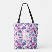 Tote Bag Fleurs violettes peintes à la main monogramme pers (Dos)