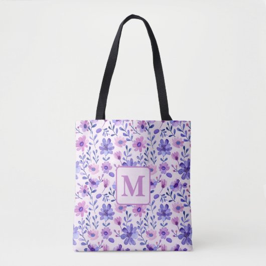 Tote Bag Fleurs violettes peintes à la main monogramme pers (Devant)