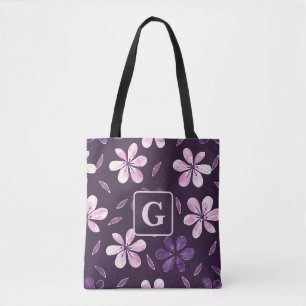 Tote Bag Fleurs violettes peintes à la main monogramme pers