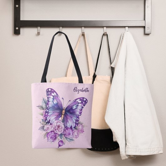 Tote Bag Fleurs violettes roses papillon