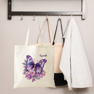 Tote Bag Fleurs violettes roses papillon