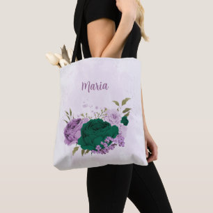 Tote Bag fleurs violettes vert émeraude