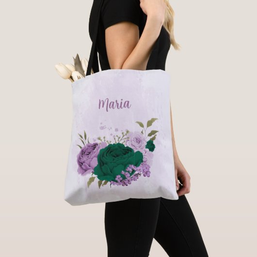Tote Bag fleurs violettes vert émeraude (De près)