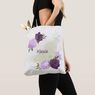 Tote Bag fleurs violettes vert feuilles