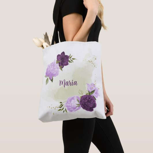 Tote Bag fleurs violettes vert feuilles (De près)