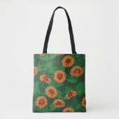 Tote Bag Fleurs Zinnia orange, feuilles verts sur vert fonc (Devant)