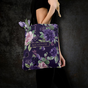 Tote Bag Floraison   Motif violet foncé et rose