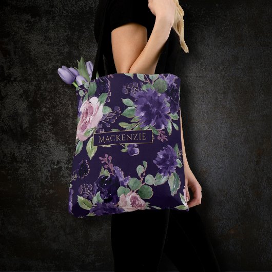 Tote Bag Floraison | Motif violet foncé et rose