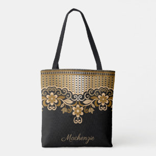 Tote Bag Floral Abstrait noir et or