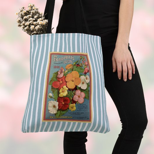Tote Bag Floral Begonias Pink 1902 Seed Packet Blue Stripes