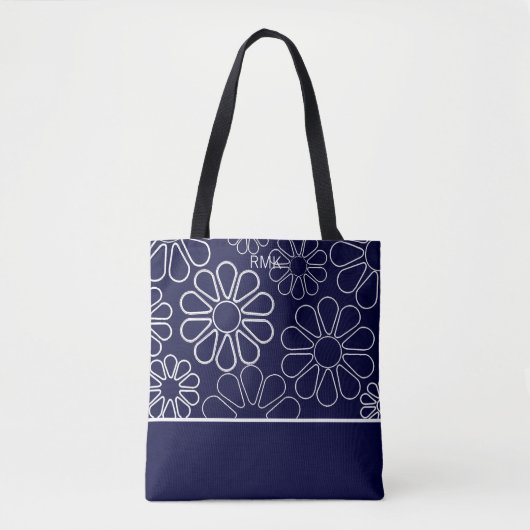 Tote Bag Floral bleu et blanc monogramme (Devant)