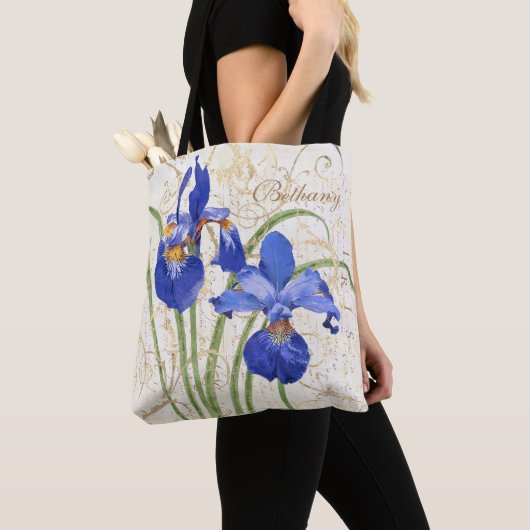 Tote Bag Floral Blue Iris Gold Damask Nom du monogramme (De près)