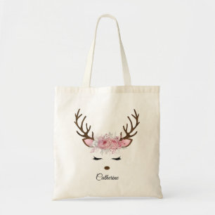 Tote Bag Floral Christmas Reindeer Nom personnalisé