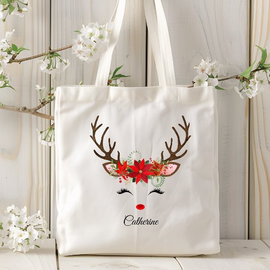 Tote Bag Floral Christmas Reindeer Nom personnalisé