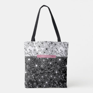 Tote Bag Floral Color Block Motif noir blanc avec nom