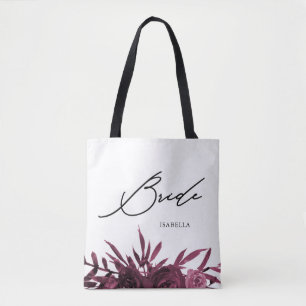 Tote Bag Floral de Bourgogne avec script de mariée élégant