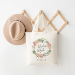 Tote Bag Floral du milieu de l'été | Bridesmaid<br><div class="desc">La fête nuptiale fourre-tout présente une couronne florale d'aquarelle de roses et de pivoines en rose vif,  vert pêche et sauge,  avec "demoiselle d'honneur" inscrit à l'intérieur en écriture manuscrite. Conçu pour correspondre à notre collection de fleurs de mi-été.</div>