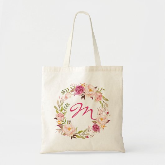 Tote Bag Floral et monogramme rose (Devant)