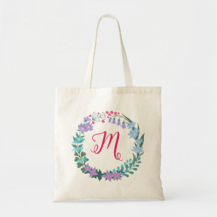 Tote Bag Floral Fleurs Bluebells Colorful Wreath Monogramme