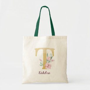 Tote Bag Floral Gold Vert violet Monogramme personnalisé