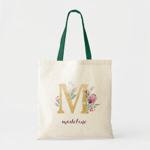 Tote Bag Floral Gold Vert violet Monogramme personnalisé