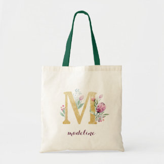 Tote Bag Floral Gold Vert violet Monogramme personnalisé