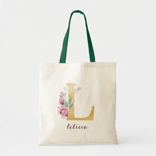 Tote Bag Floral Gold Vert violet Monogramme personnalisé (Devant)