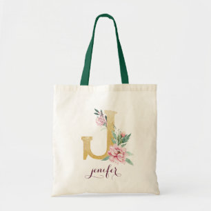 Tote Bag Floral Gold Vert violet Monogramme personnalisé