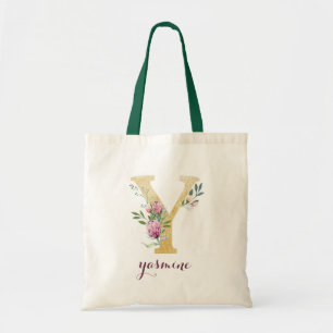 Tote Bag Floral Gold Vert violet Monogramme personnalisé