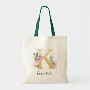 Tote Bag Floral Gold Vert violet Monogramme personnalisé