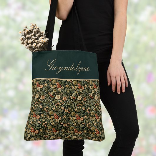 Tote Bag Floral Green Cream William Morris Inspired w Name