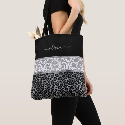 Tote Bag Floral gris et Motif léopard (De près)