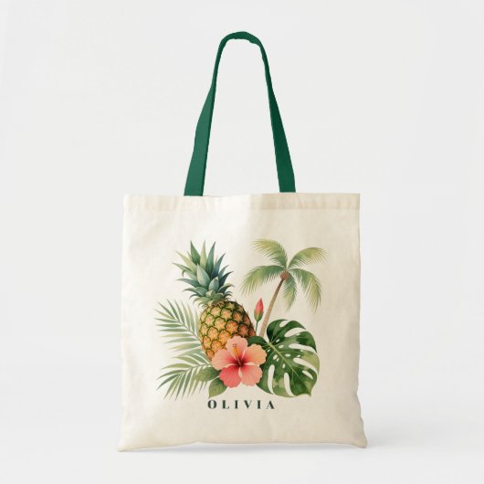 Tote Bag Floral Hawaii Pineapple & Hibiscus Summer Name (Devant)